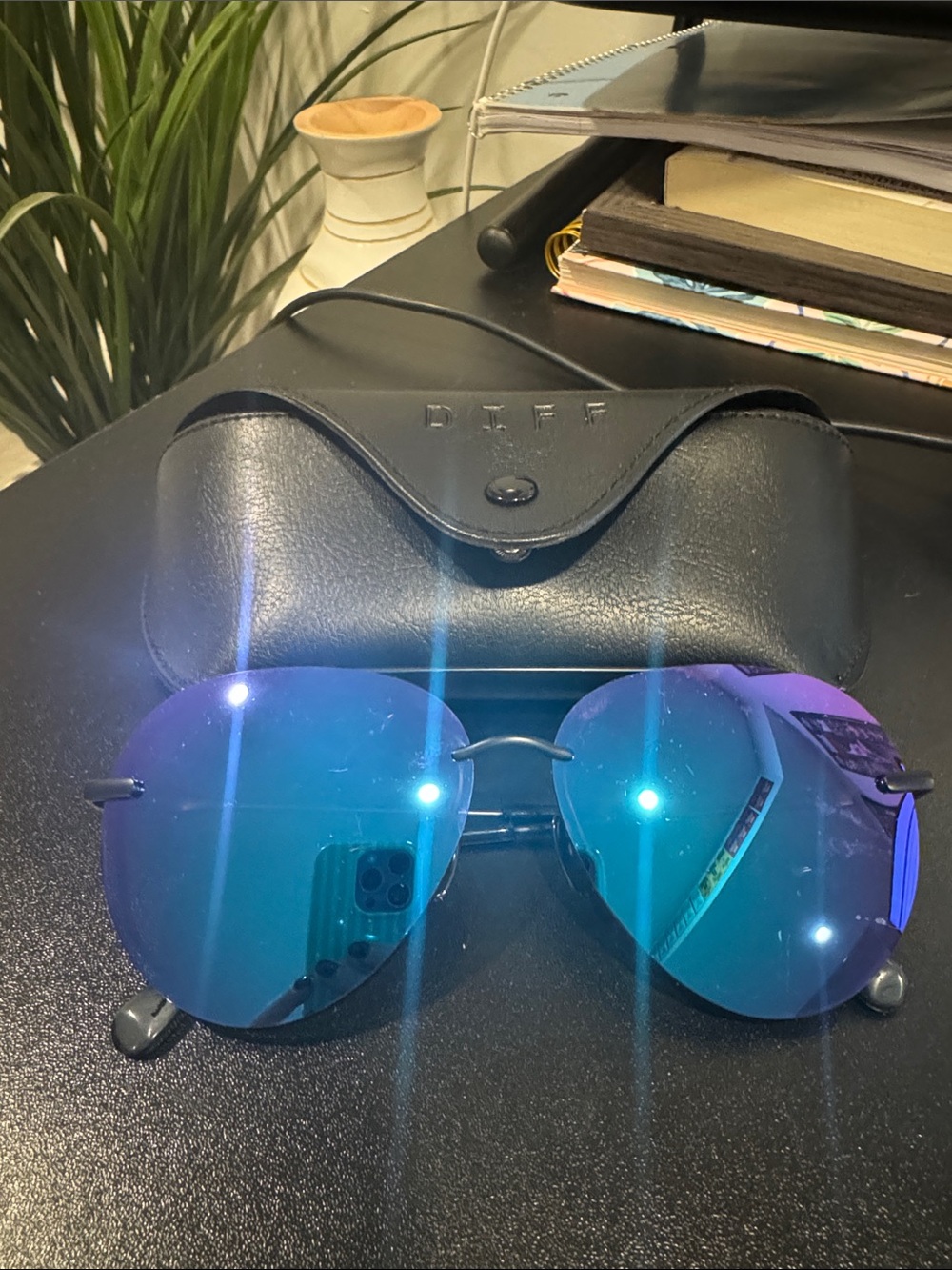 Blue Mirrored Aviator Sunglasses with Black Frame (Lenox)